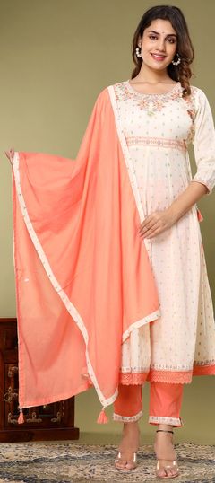 White and Off White color Salwar Kameez in Cotton fabric with Embroidered, Resham, Thread, Zari work