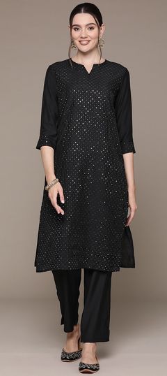 Black and Grey color Salwar Kameez in Muslin fabric with Sequence, Thread work