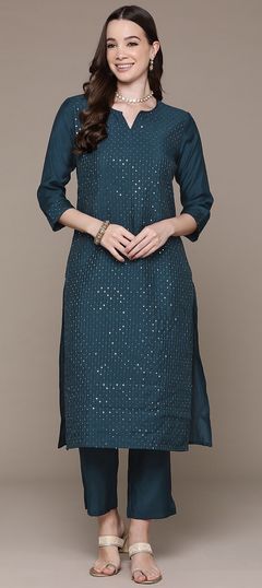 Blue color Salwar Kameez in Muslin fabric with Sequence, Thread work