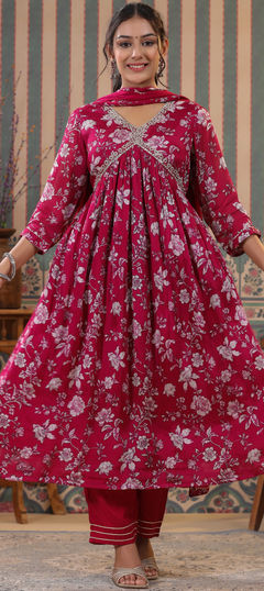 Red and Maroon color Salwar Kameez in Muslin fabric with Embroidered, Floral, Printed, Thread work
