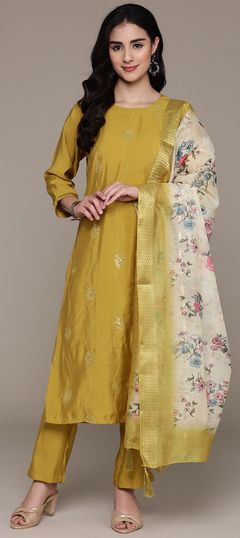 Gold color Salwar Kameez in Silk fabric with Embroidered, Resham, Sequence, Thread work
