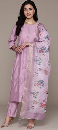 Purple and Violet color Salwar Kameez in Silk fabric with Embroidered, Resham, Sequence, Thread work