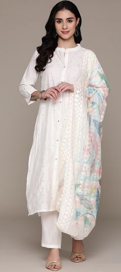 White and Off White color Salwar Kameez in Silk fabric with Mirror, Thread work