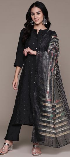 Black and Grey color Salwar Kameez in Silk fabric with Mirror, Thread work
