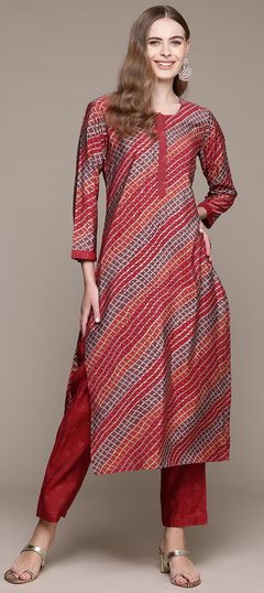 Red and Maroon color Salwar Kameez in Muslin fabric with Foil Print, Printed work